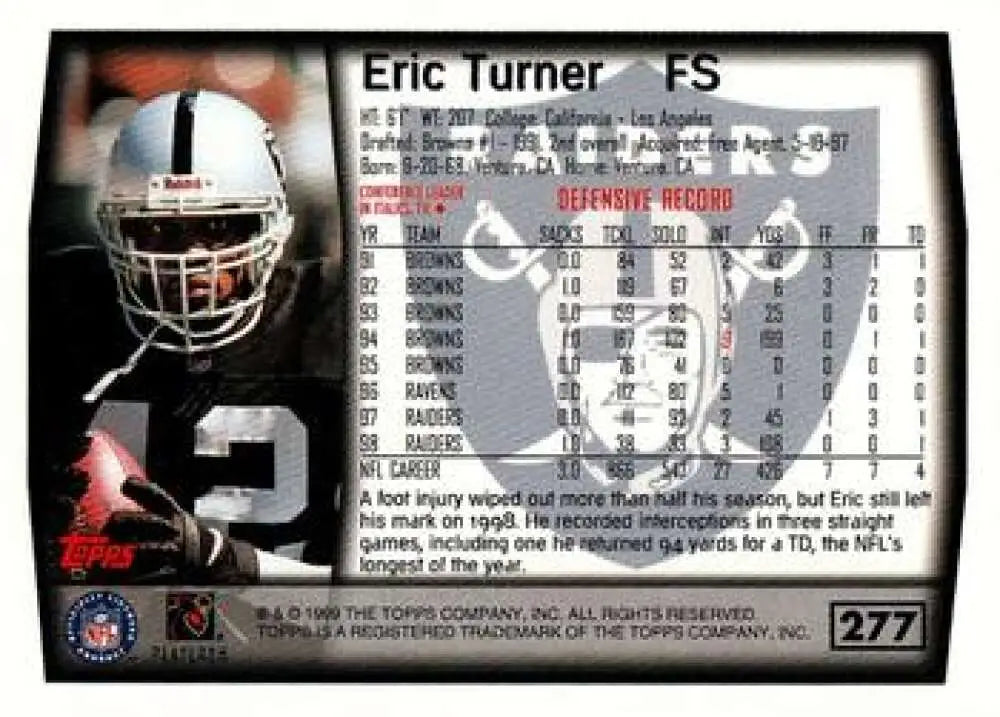 1999 Topps #277 Eric Turner EX Excellent Oakland Raiders Football Card - Football Card Single