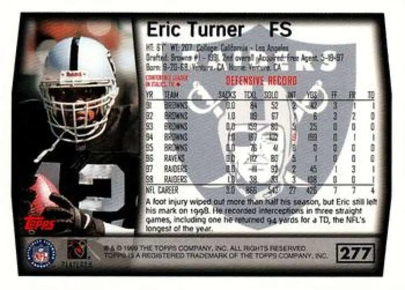 1999 Topps #277 Eric Turner EX Excellent Oakland Raiders Football Card - Football Card Single
