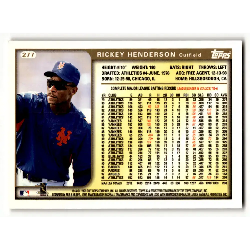 1999 Topps #277 Rickey Henderson NM-MT New York Mets Baseball Card - Baseball Card Single