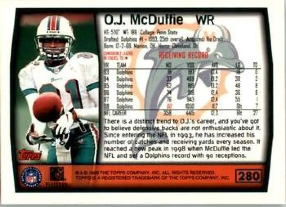 1999 Topps #280 O.J. McDuffie EX Excellent Miami Dolphins Football Card - Football Card Single
