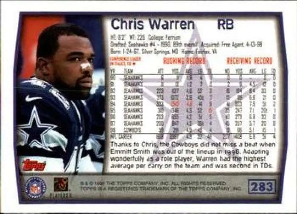 1999 Topps #283 Chris Warren EX Excellent Dallas Cowboys Football Card - Football Card Single