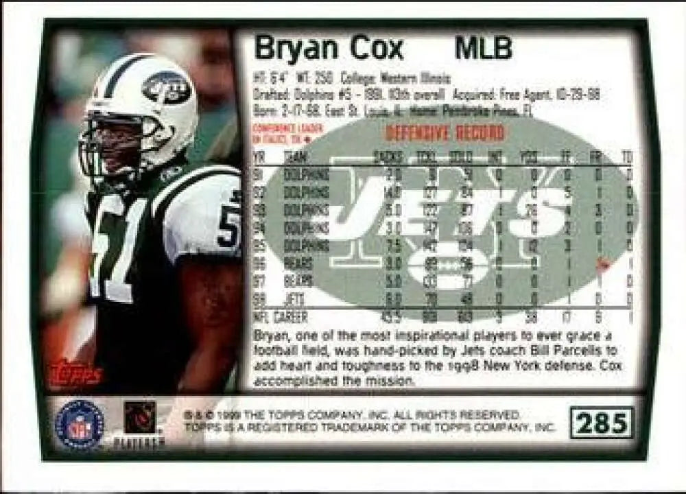 1999 Topps #285 Bryan Cox EX Excellent New York Jets Football Card - Football Card Single
