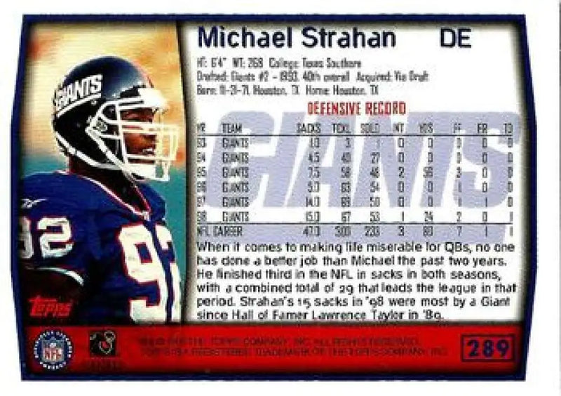 1999 Topps #289 Michael Strahan EX Excellent New York Giants Football Card - Football Card Single