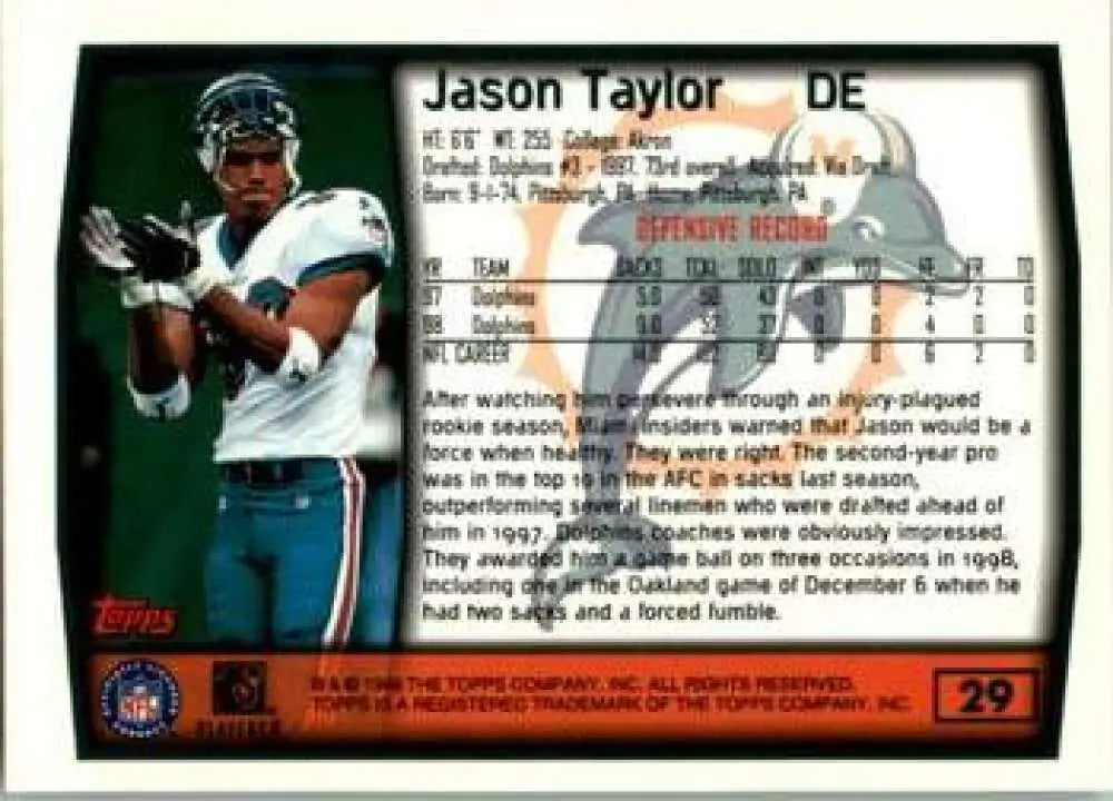 1999 Topps #29 Jason Taylor EX Excellent Miami Dolphins Football Card - Football Card Single