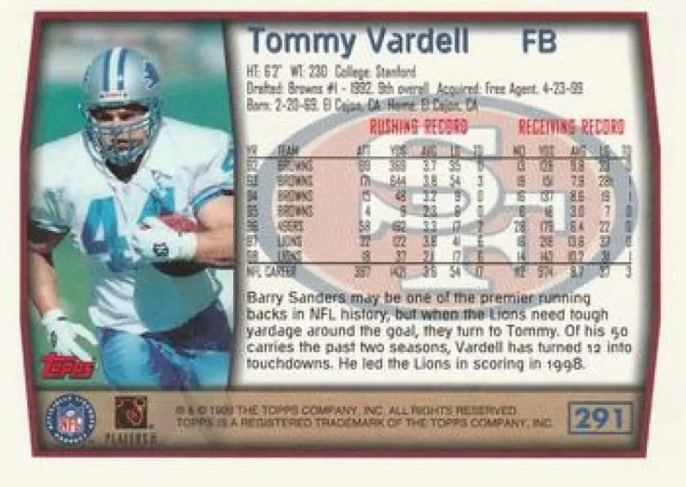 1999 Topps #291 Tommy Vardell EX Excellent San Francisco 49ers Football Card - Football Card Single