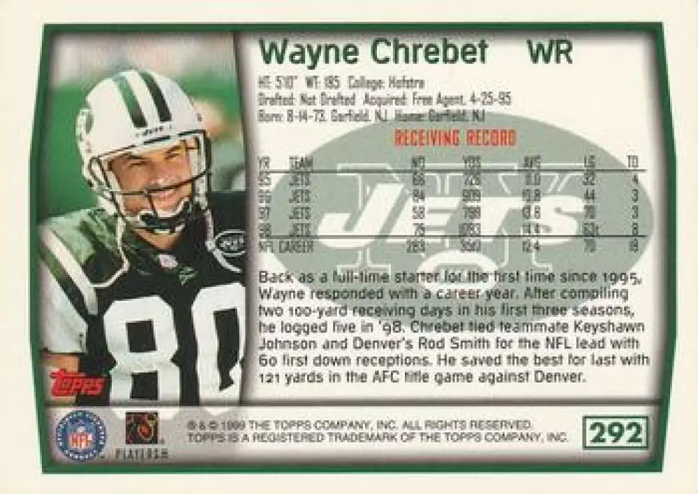1999 Topps #292 Wayne Chrebet EX Excellent New York Jets Football Card - Football Card Single