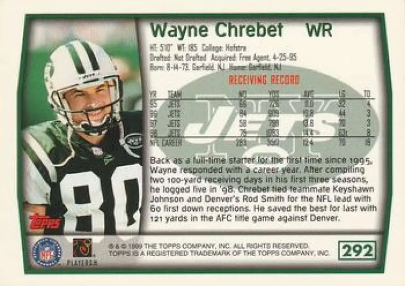 1999 Topps #292 Wayne Chrebet EX Excellent New York Jets Football Card - Football Card Single