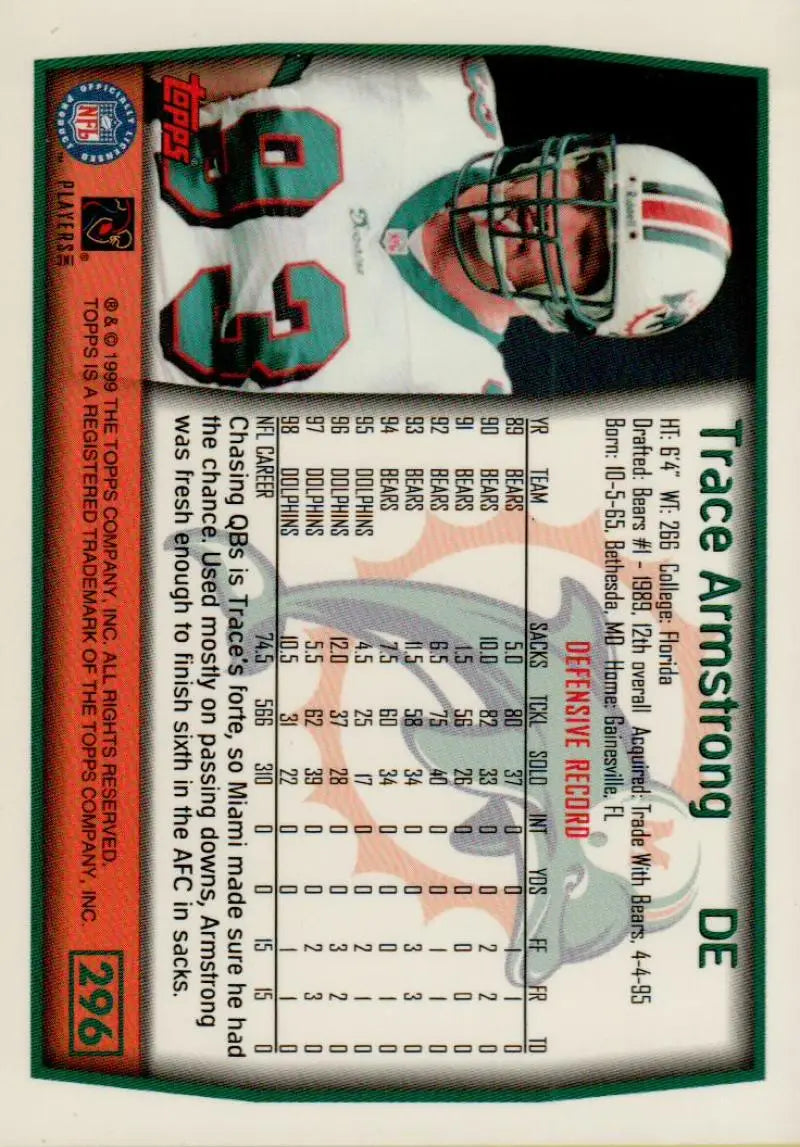 1999 Topps #296 Trace Armstrong EX Excellent Miami Dolphins Football Card - Football Card Single
