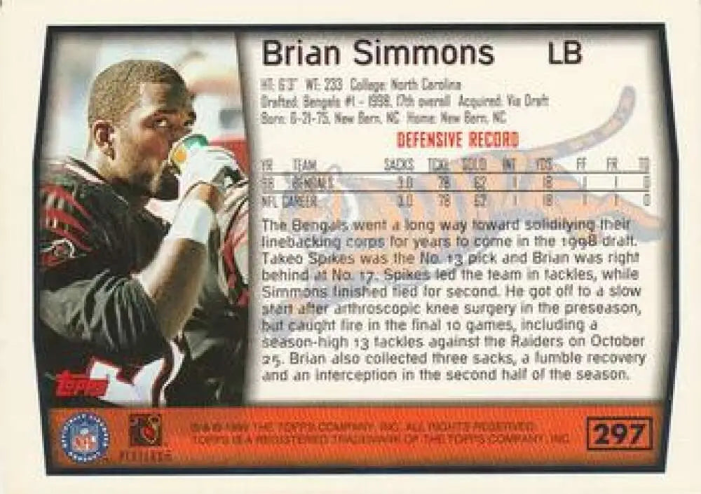 1999 Topps #297 Brian Simmons EX Excellent Cincinnati Bengals Football Card - Football Card Single