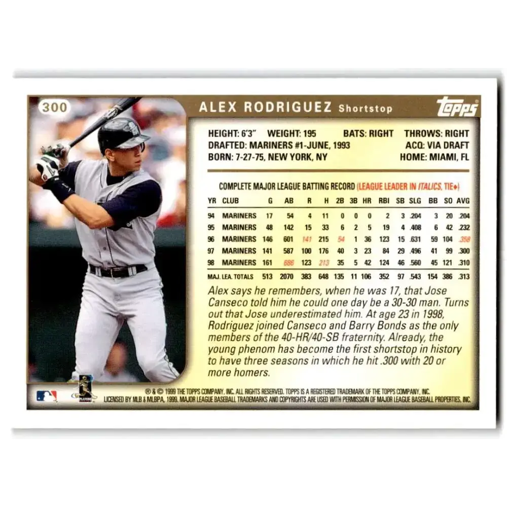 1999 Topps #300 Alex Rodriguez NM-MT Seattle Mariners Baseball Card - Baseball Card Single