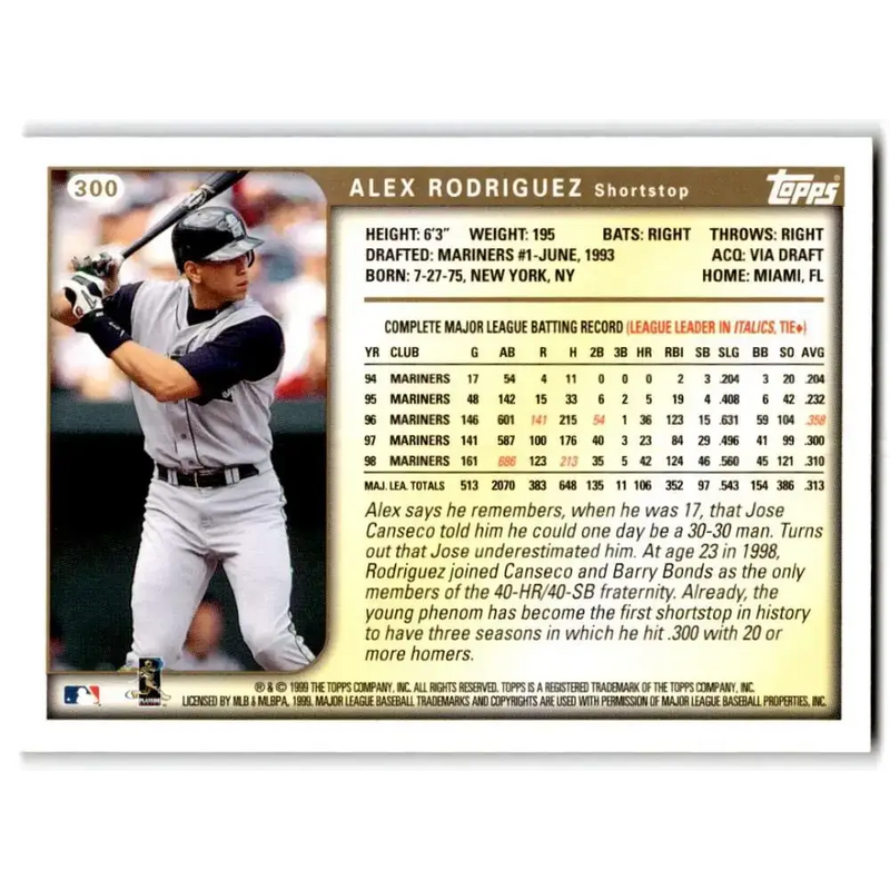 1999 Topps #300 Alex Rodriguez NM-MT Seattle Mariners Baseball Card - Baseball Card Single