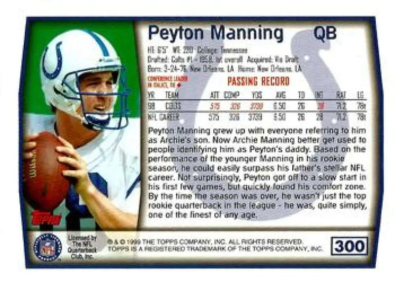 1999 Topps #300 Peyton Manning EX Excellent Indianapolis Colts Football Card - Football Card Single
