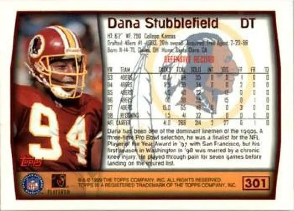 1999 Topps #301 Dana Stubblefield EX Excellent Washington Redskins Football Card - Football Card Single