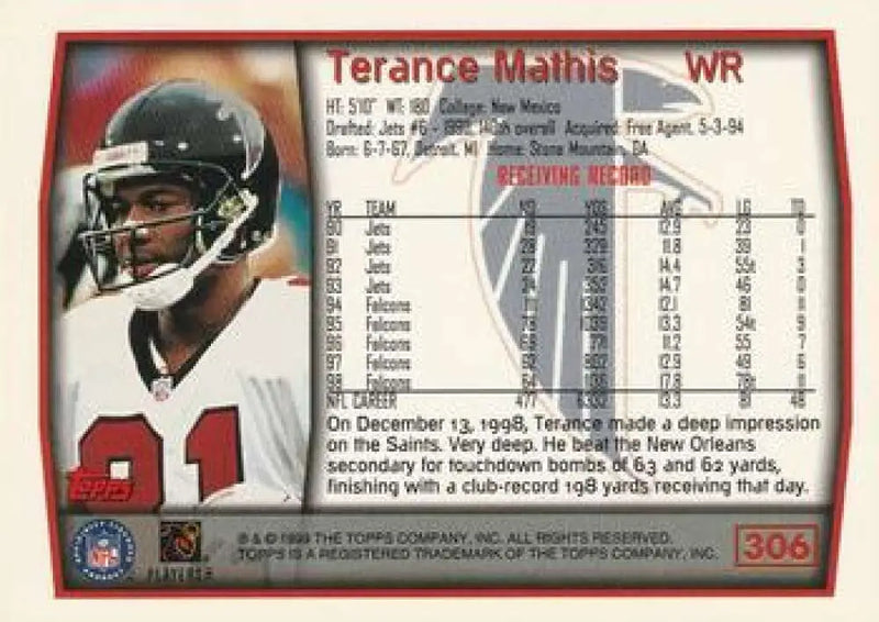 1999 Topps #306 Terance Mathis EX Excellent Atlanta Falcons Football Card - Football Card Single