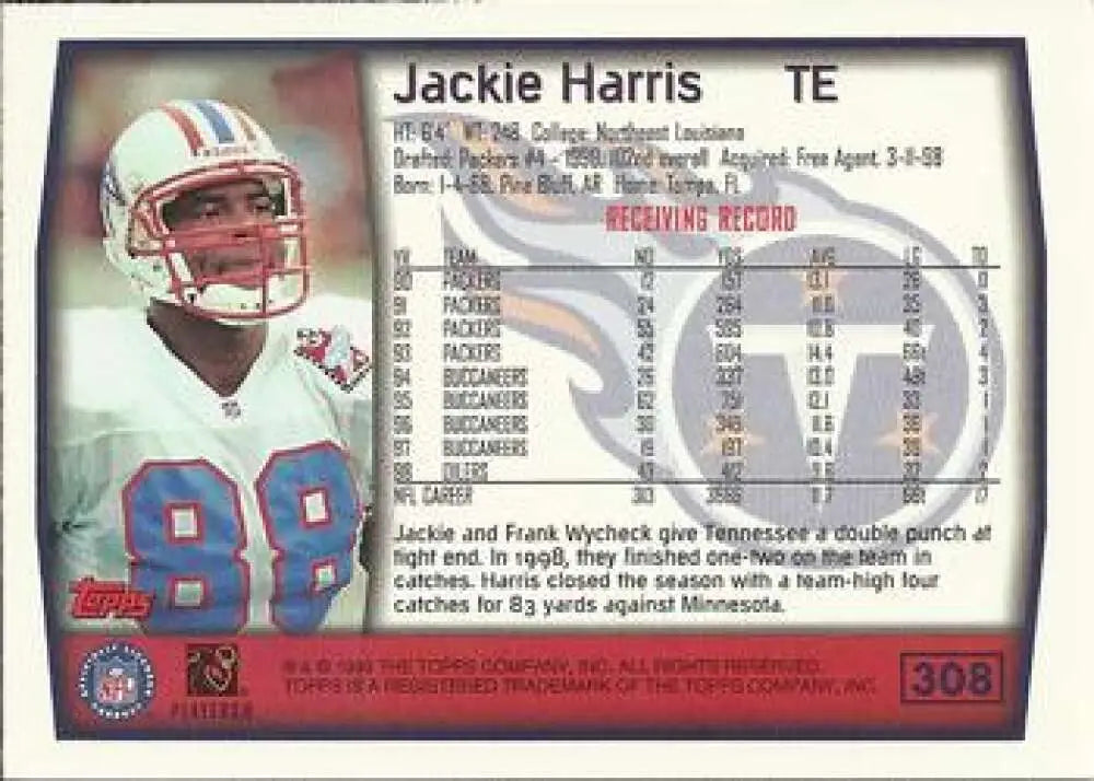 1999 Topps #308 Jackie Harris EX Excellent Tennessee Titans Football Card - Football Card Single