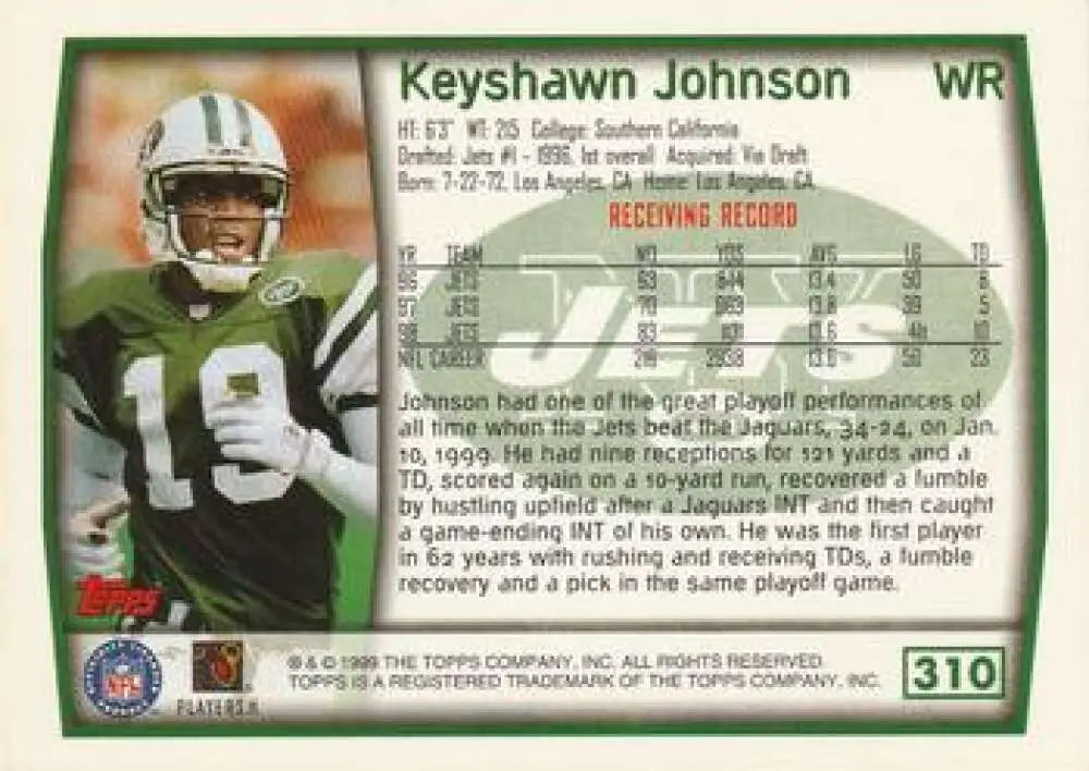 1999 Topps #310 Keyshawn Johnson EX Excellent New York Jets Football Card - Football Card Single