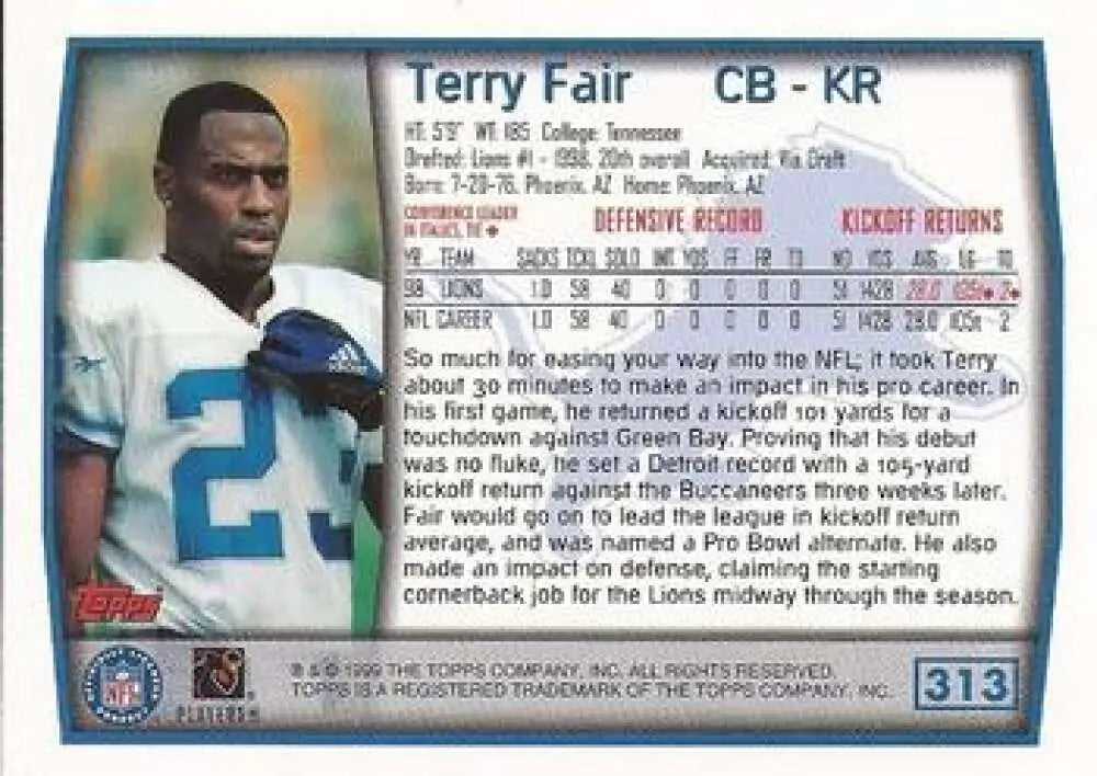1999 Topps #313 Terry Fair EX Excellent Detroit Lions Football Card - Football Card Single