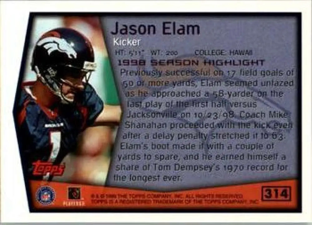 1999 Topps #314 Jason Elam EX Excellent Denver Broncos Football Card - Football Card Single