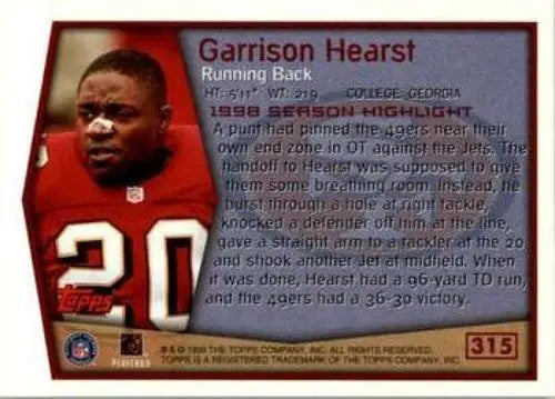 1999 Topps #315 Garrison Hearst NM-MT 49ers SH ID:61063 - Football Card Single