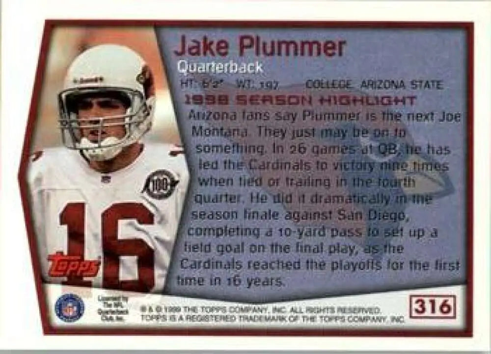 1999 Topps #316 Jake Plummer EX Excellent Arizona Cardinals Football Card - Football Card Single