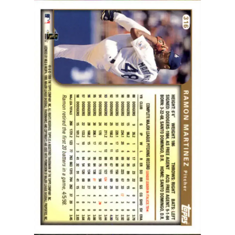 1999 Topps #316 Ramon Martinez NM-MT Los Angeles Dodgers Baseball Card - Baseball Card Single