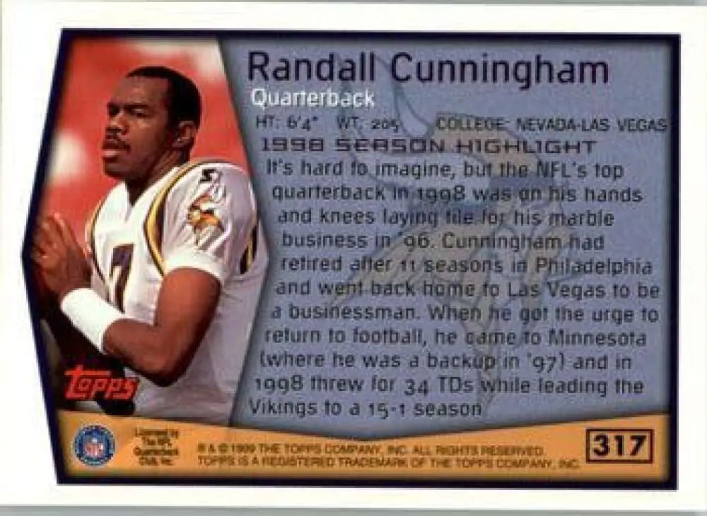1999 Topps #317 Randall Cunningham EX Excellent Minnesota Vikings Football Card - Football Card Single