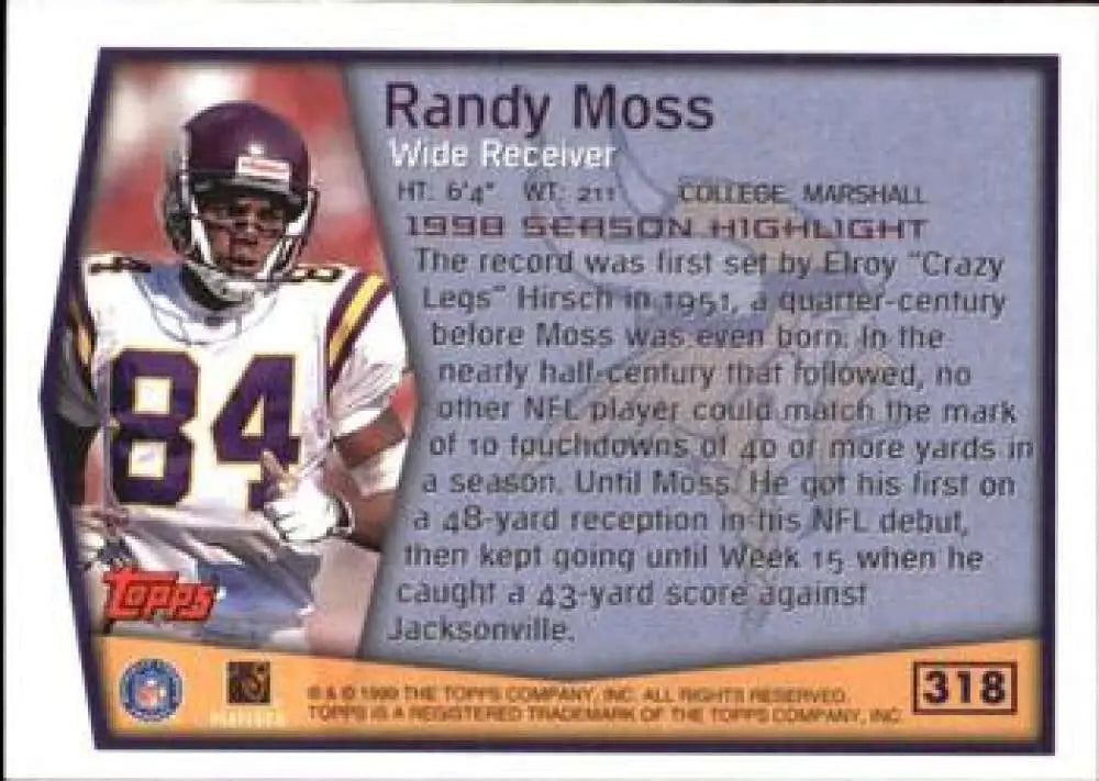 1999 Topps #318 Randy Moss EX Excellent Minnesota Vikings Football Card - Football Card Single