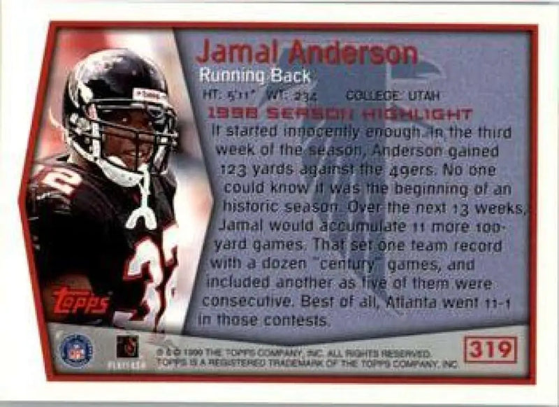 1999 Topps #319 Jamal Anderson EX Excellent Atlanta Falcons Football Card - Football Card Single