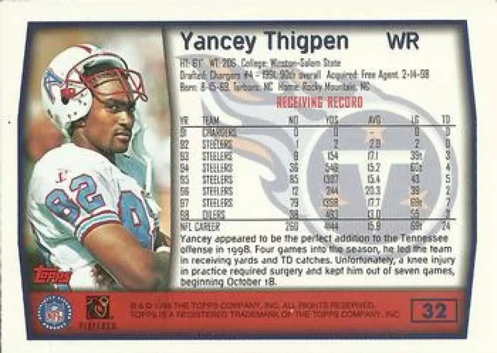 1999 Topps #32 Yancey Thigpen EX Excellent Tennessee Titans Football Card - Football Card Single