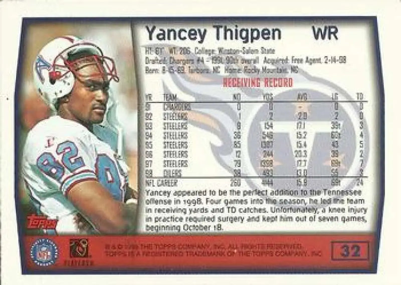 1999 Topps #32 Yancey Thigpen EX Excellent Tennessee Titans Football Card - Football Card Single