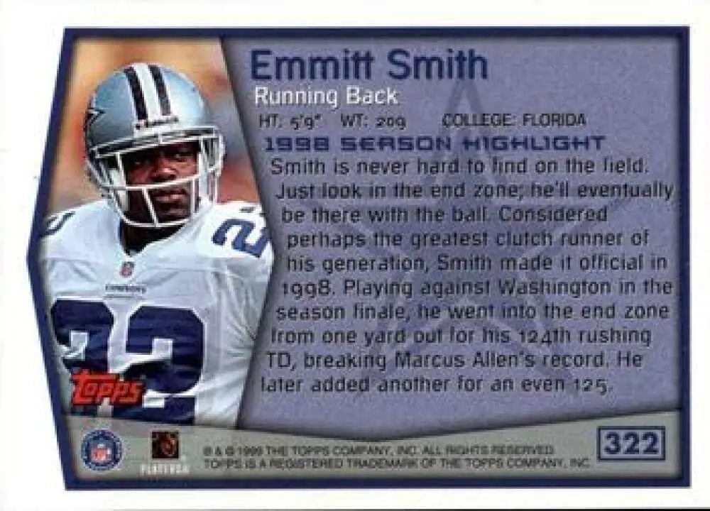 1999 Topps #322 Emmitt Smith EX Excellent Dallas Cowboys Football Card - Football Card Single