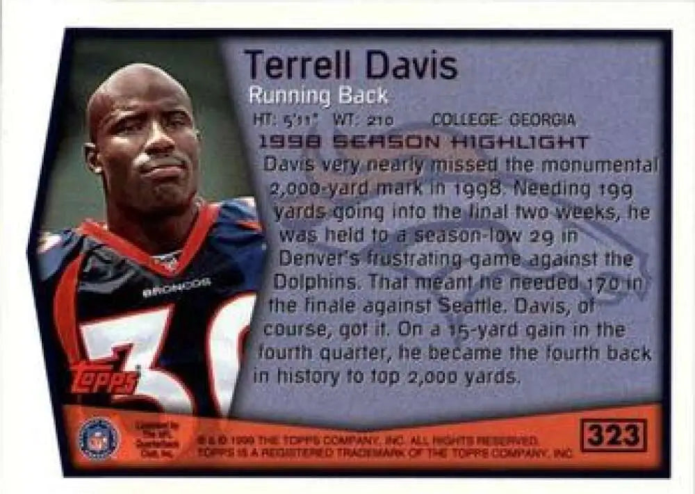 1999 Topps #323 Terrell Davis EX Excellent Denver Broncos Football Card - Football Card Single