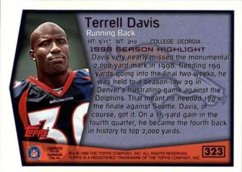 1999 Topps #323 Terrell Davis EX Excellent Denver Broncos Football Card - Football Card Single