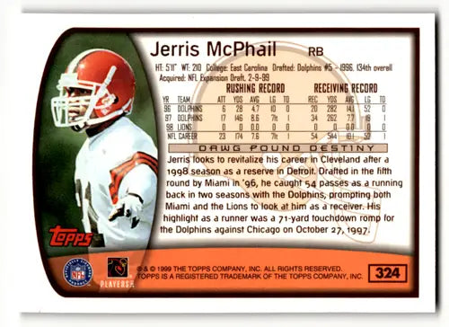 Original gloss Jerris McPhail football card from 1999 Topps #324 in near mint condition