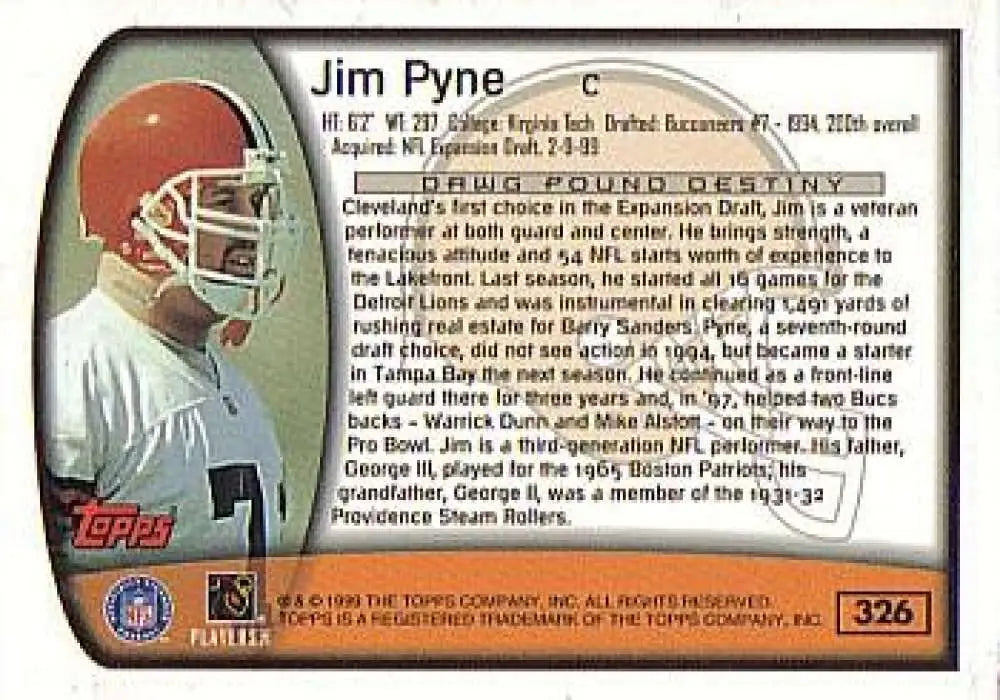 1999 Topps #326 Jim Pyne EX Excellent Cleveland Browns Football Card - Football Card Single