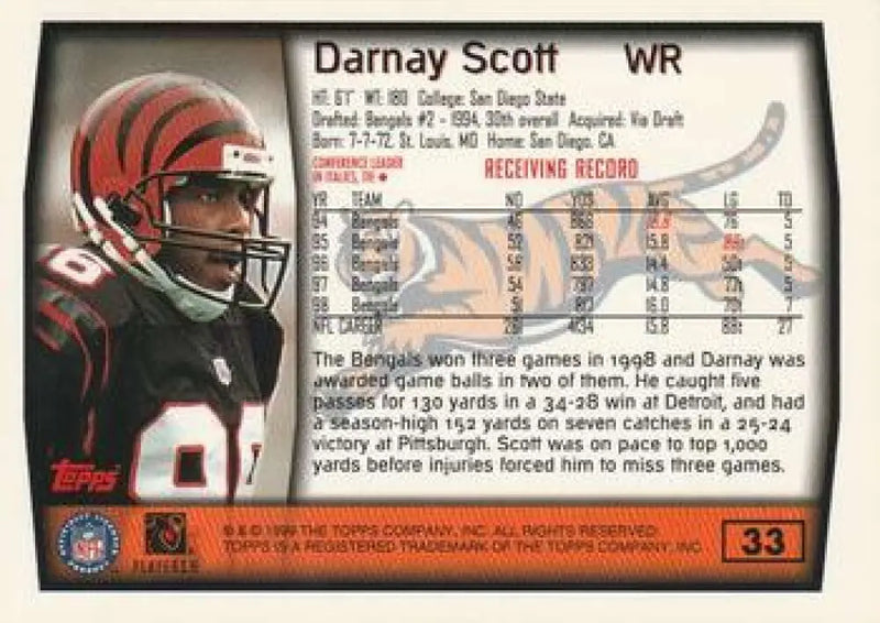 1999 Topps #33 Darnay Scott EX Excellent Cincinnati Bengals Football Card - Football Card Single