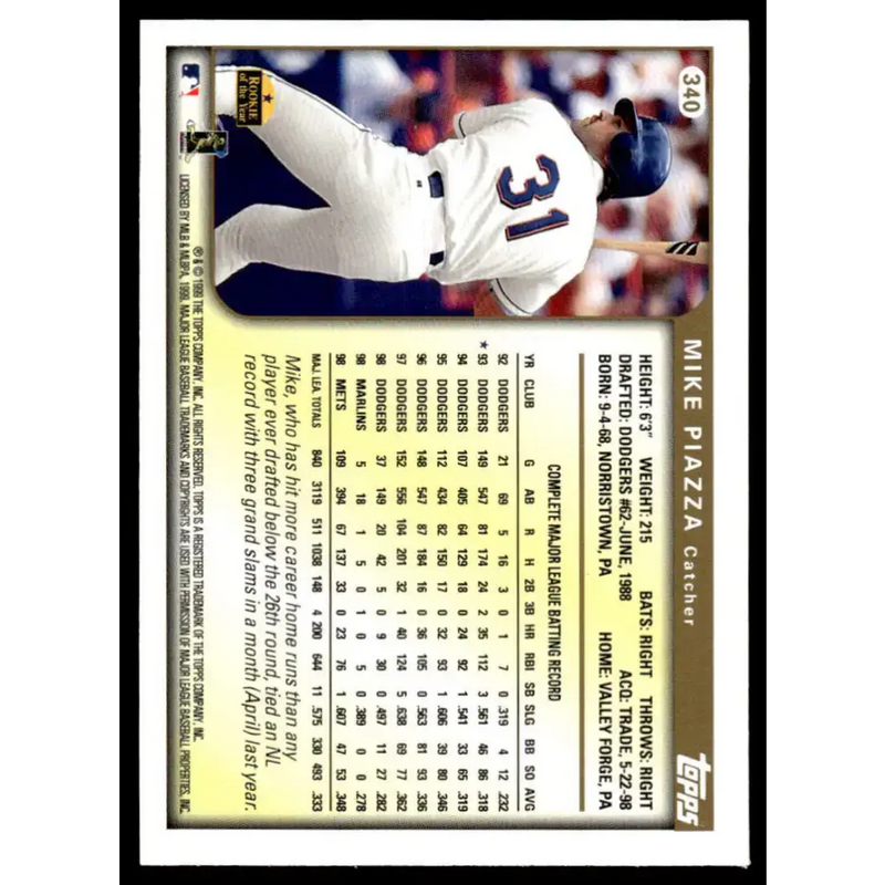 1999 Topps #340 Mike Piazza EX/NM New York Mets Baseball Card - Baseball Card Single