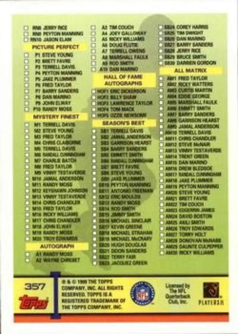 1999 Topps #357 Checklist EX Excellent Football Card - Football Card Single