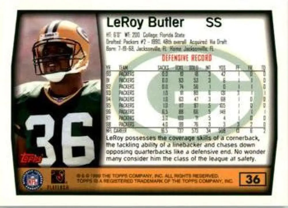 1999 Topps #36 LeRoy Butler EX Excellent Green Bay Packers Football Card - Football Card Single