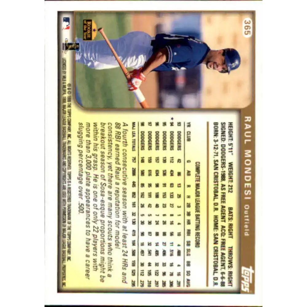 1999 Topps #365 Raul Mondesi NM-MT Los Angeles Dodgers Baseball Card - Baseball Card Single