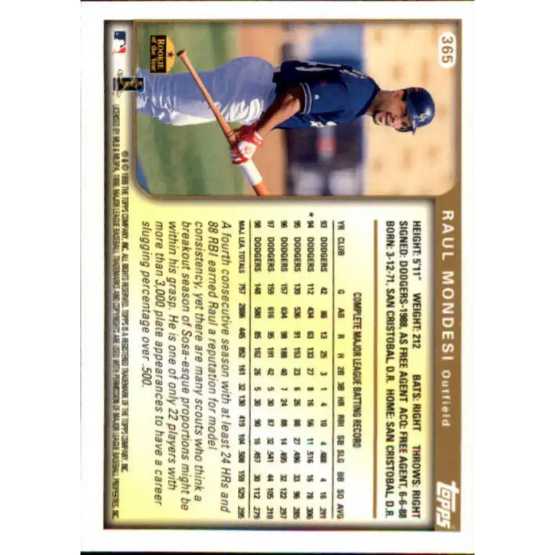 1999 Topps #365 Raul Mondesi NM-MT Los Angeles Dodgers Baseball Card - Baseball Card Single