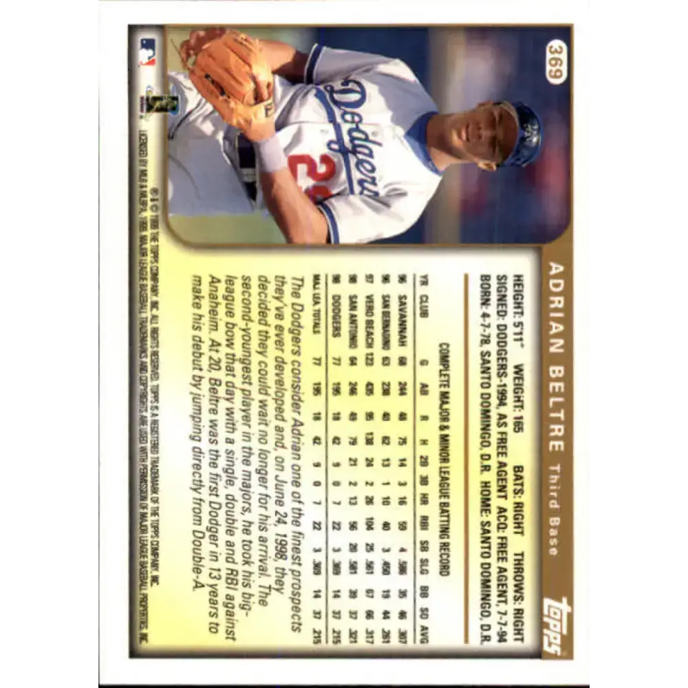 1999 Topps #369 Adrian Beltre NM-MT Los Angeles Dodgers Baseball Card