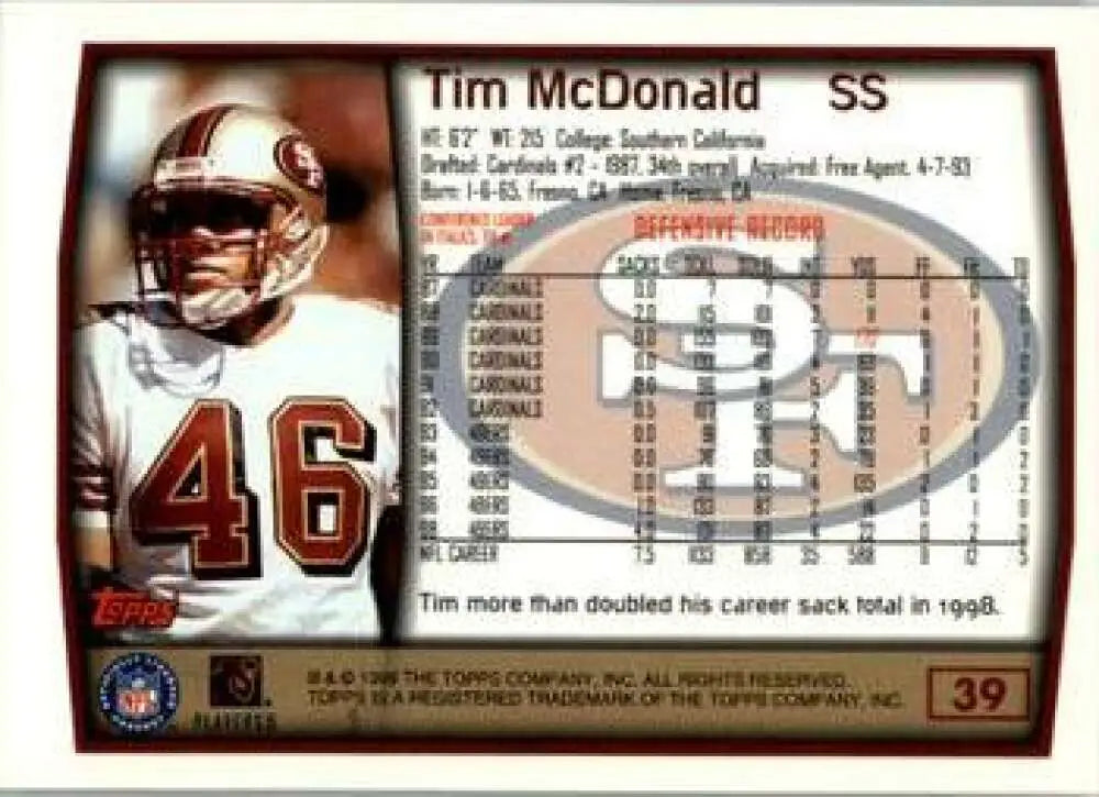 1999 Topps #39 Tim McDonald EX Excellent San Francisco 49ers Football Card - Football Card Single