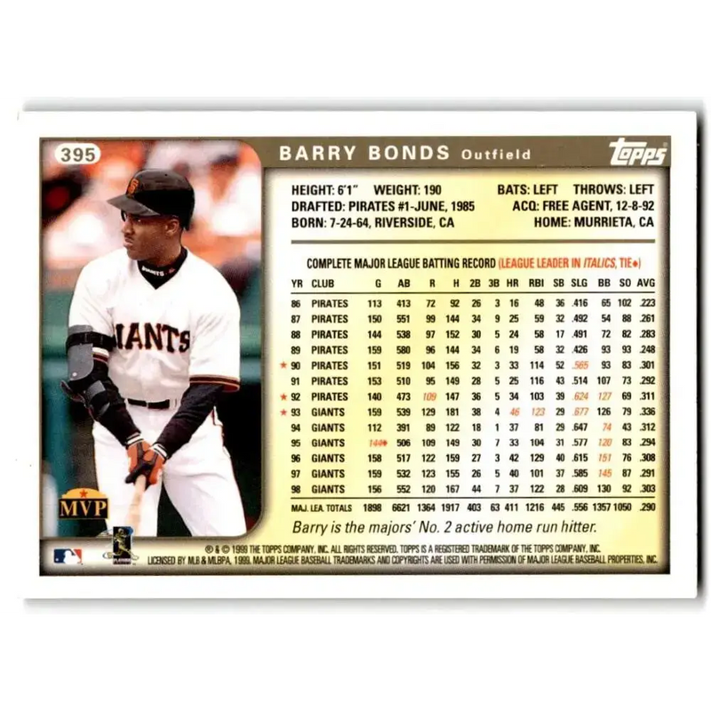 1999 Topps #395 Barry Bonds NM-MT San Francisco Giants Baseball Card - Baseball Card Single