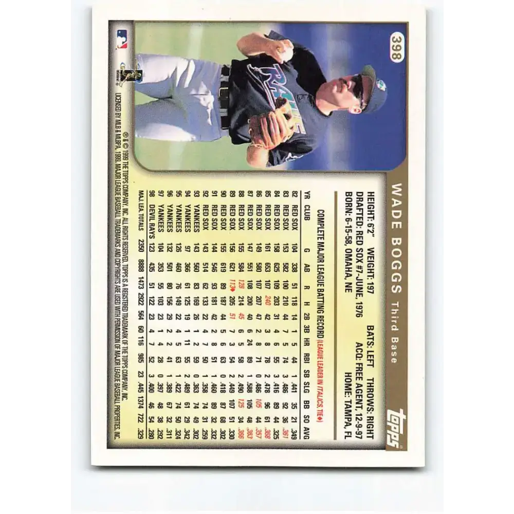 1999 Topps #398 Wade Boggs NM-MT Tampa Bay Devil Rays Baseball Card - Baseball Card Single