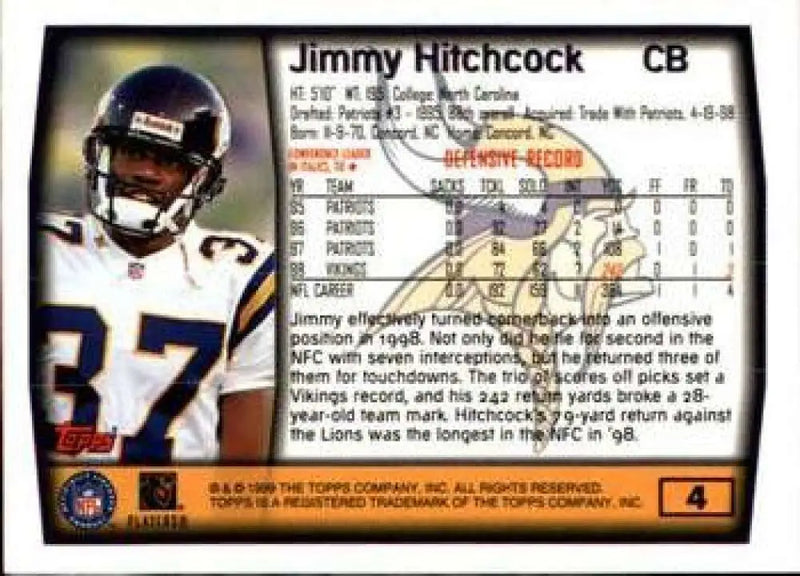1999 Topps #4 Jimmy Hitchcock EX Excellent Minnesota Vikings Football Card - Football Card Single