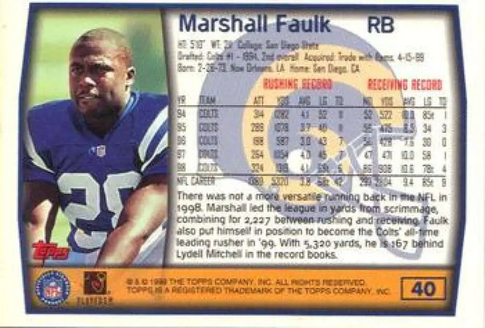 1999 Topps #40 Marshall Faulk EX Excellent St. Louis Rams Football Card - Football Card Single