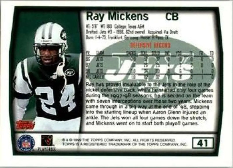 1999 Topps #41 Ray Mickens EX Excellent New York Jets Football Card - Football Card Single