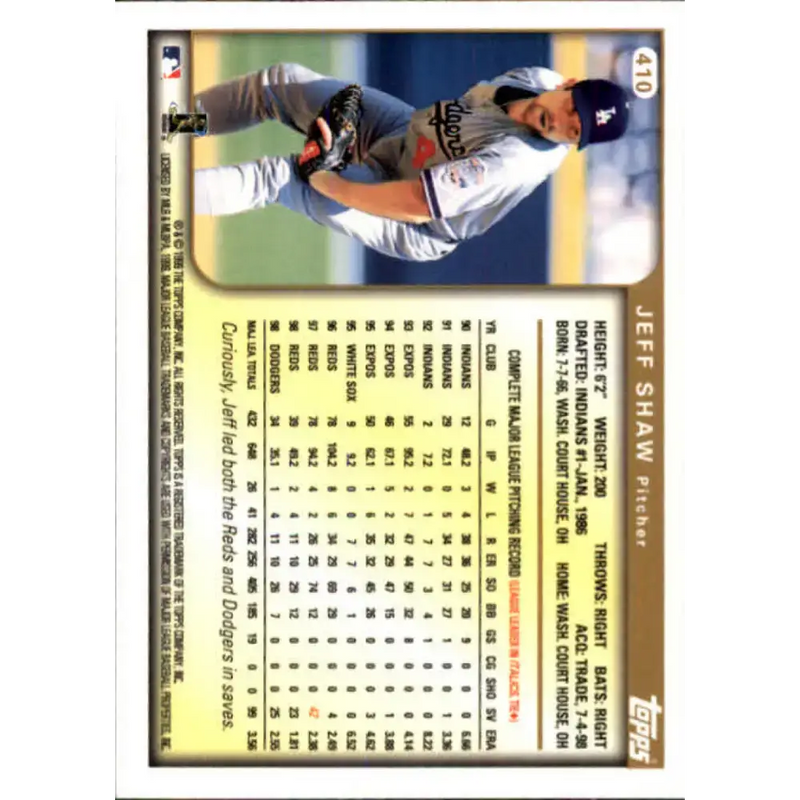 1999 Topps #410 Jeff Shaw NM-MT Los Angeles Dodgers Baseball Card - Baseball Card Single