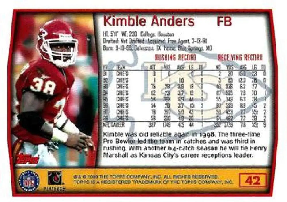 1999 Topps #42 Kimble Anders EX Excellent Kansas City Chiefs Football Card - Football Card Single